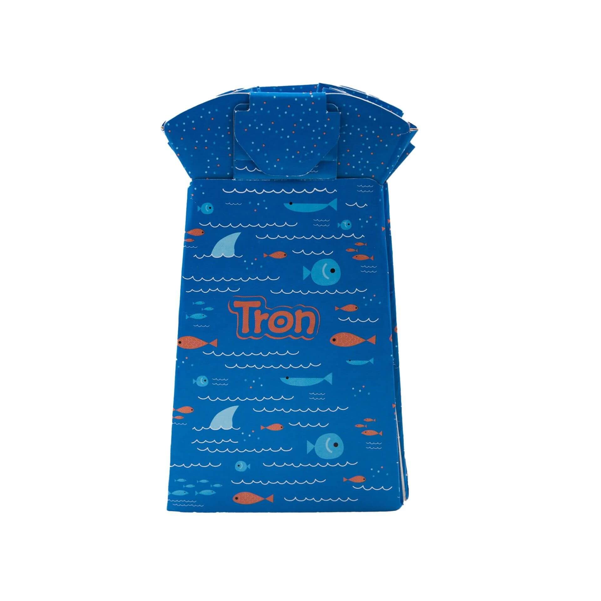 Folded Tron disposable potty with blue fish pattern, compact and portable, perfect for travel and easy outdoor potty solutions.