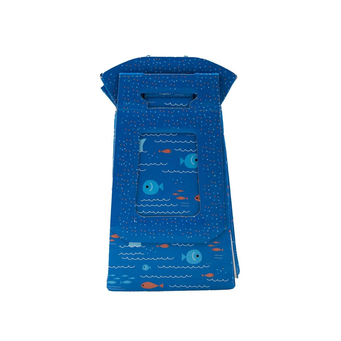 Back view of folded Tron disposable potty with blue fish pattern, showing compact design for convenient travel and outdoor use.