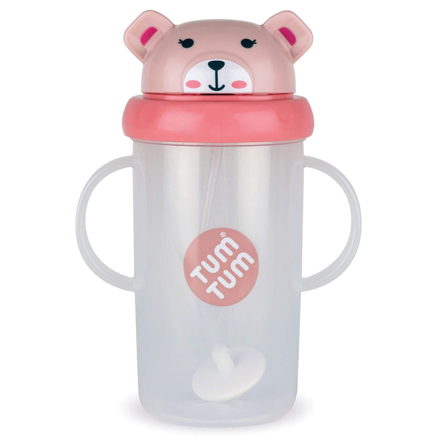 A clear plastic sippy cup featuring a cute pink bear face on the flip-top lid. It has two side handles for easy grip and a weighted straw that follows the liquid, ideal for toddlers.