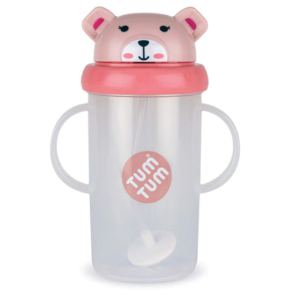 A clear plastic sippy cup featuring a cute pink bear face on the flip-top lid. It has two side handles for easy grip and a weighted straw that follows the liquid, ideal for toddlers.