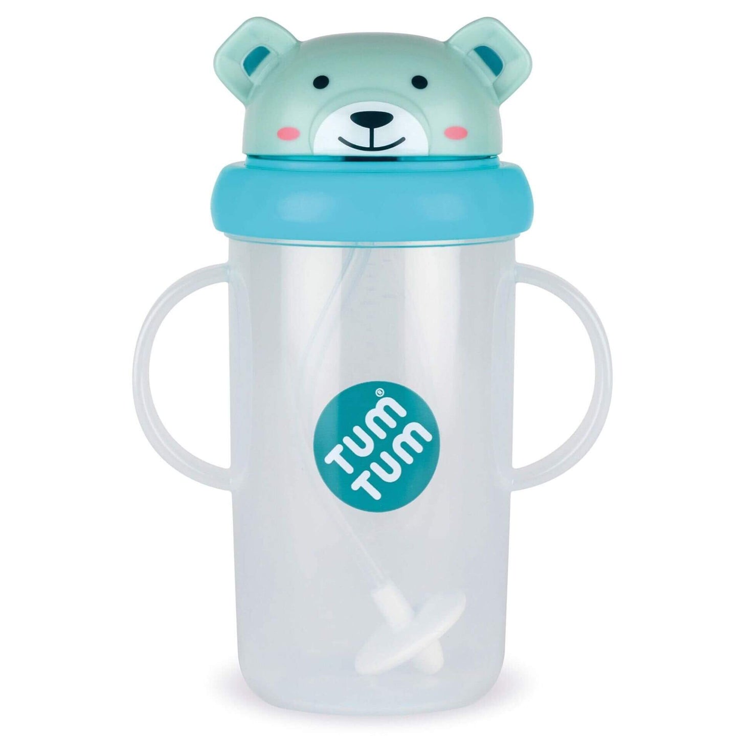 A clear plastic sippy cup featuring a cute blue bear face on the flip-top lid. It has two side handles for easy grip and a weighted straw that follows the liquid, ideal for toddlers.