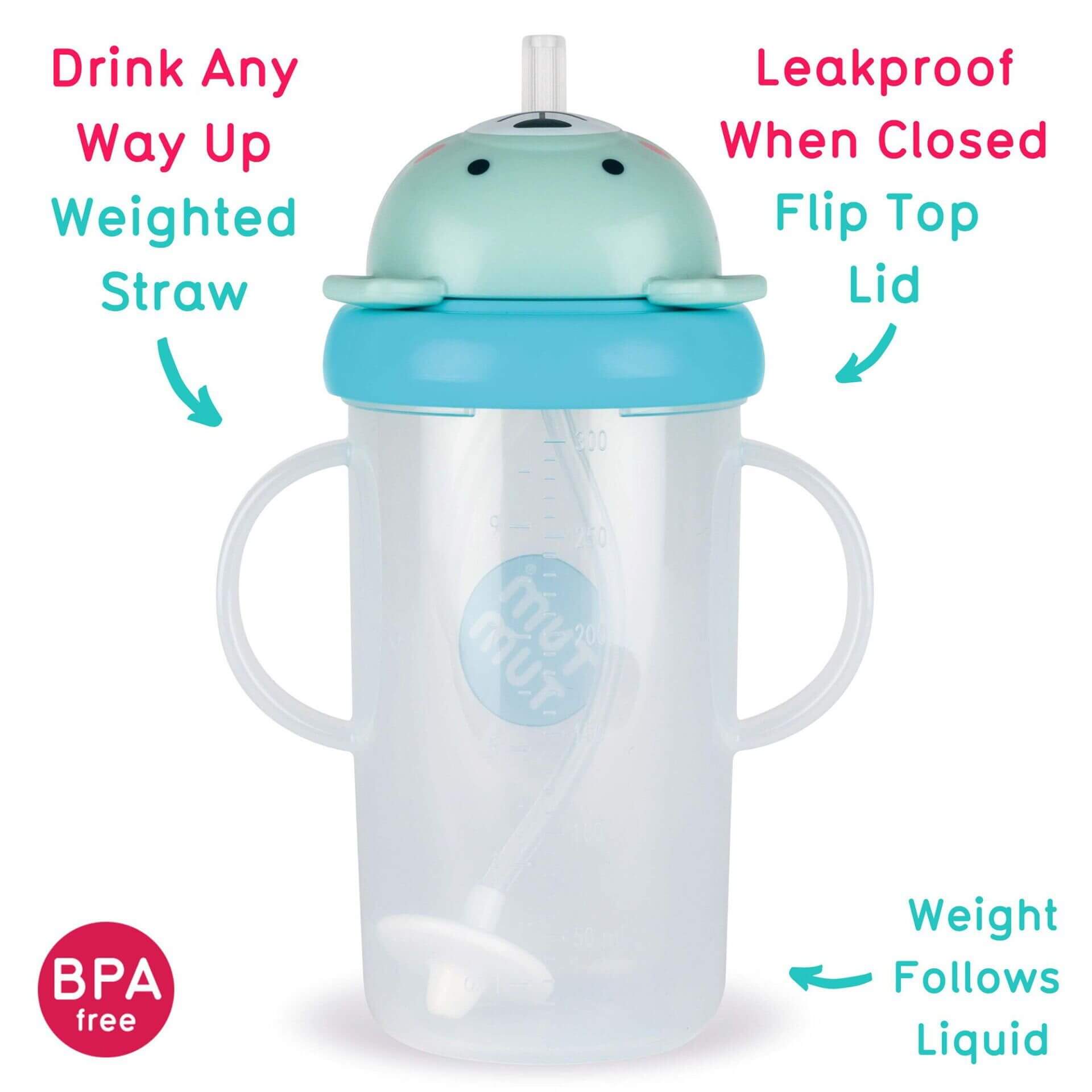 A toddler sippy cup with a blue bear-shaped lid, featuring a leakproof flip-top and weighted straw that allows for drinking from any angle. The BPA-free cup has easy-grip handles and a weighted base that follows the liquid.