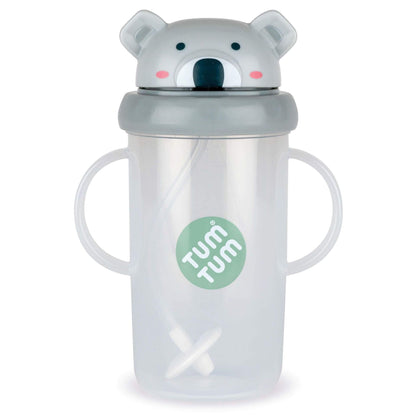 A clear plastic sippy cup featuring a cute koala bear face on the flip-top lid. It has two side handles for easy grip and a weighted straw that follows the liquid, ideal for toddlers.