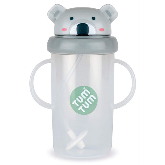 A clear plastic sippy cup featuring a cute koala bear face on the flip-top lid. It has two side handles for easy grip and a weighted straw that follows the liquid, ideal for toddlers.