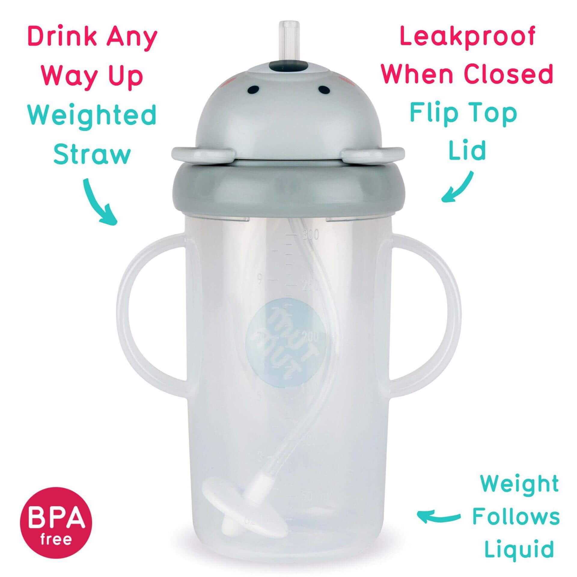 A toddler sippy cup with a koala bear-shaped lid, featuring a leakproof flip-top and weighted straw that allows for drinking from any angle. The BPA-free cup has easy-grip handles and a weighted base that follows the liquid.