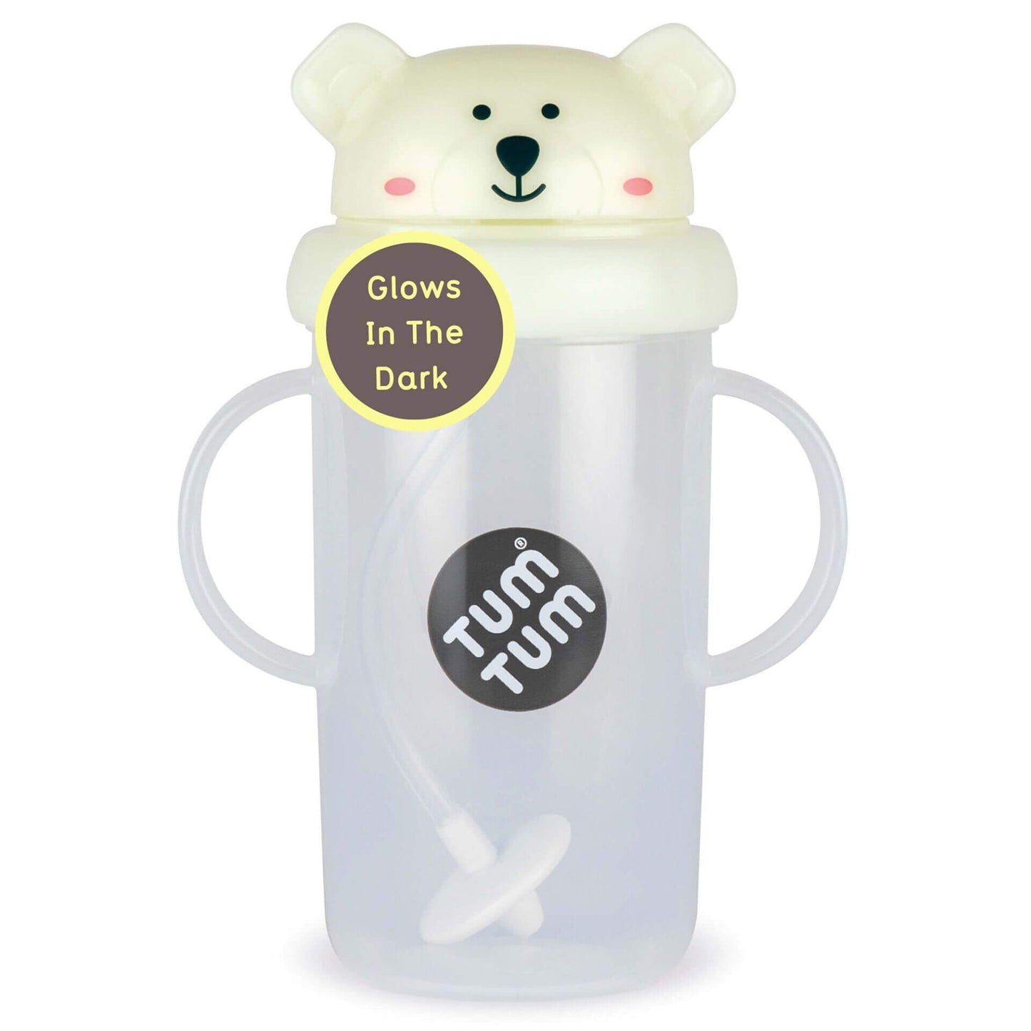 A clear TUM TUM sippy cup featuring a glow-in-the-dark polar bear lid. The cup has easy-grip handles and a weighted straw that follows the liquid, making it perfect for toddlers to drink from any angle.