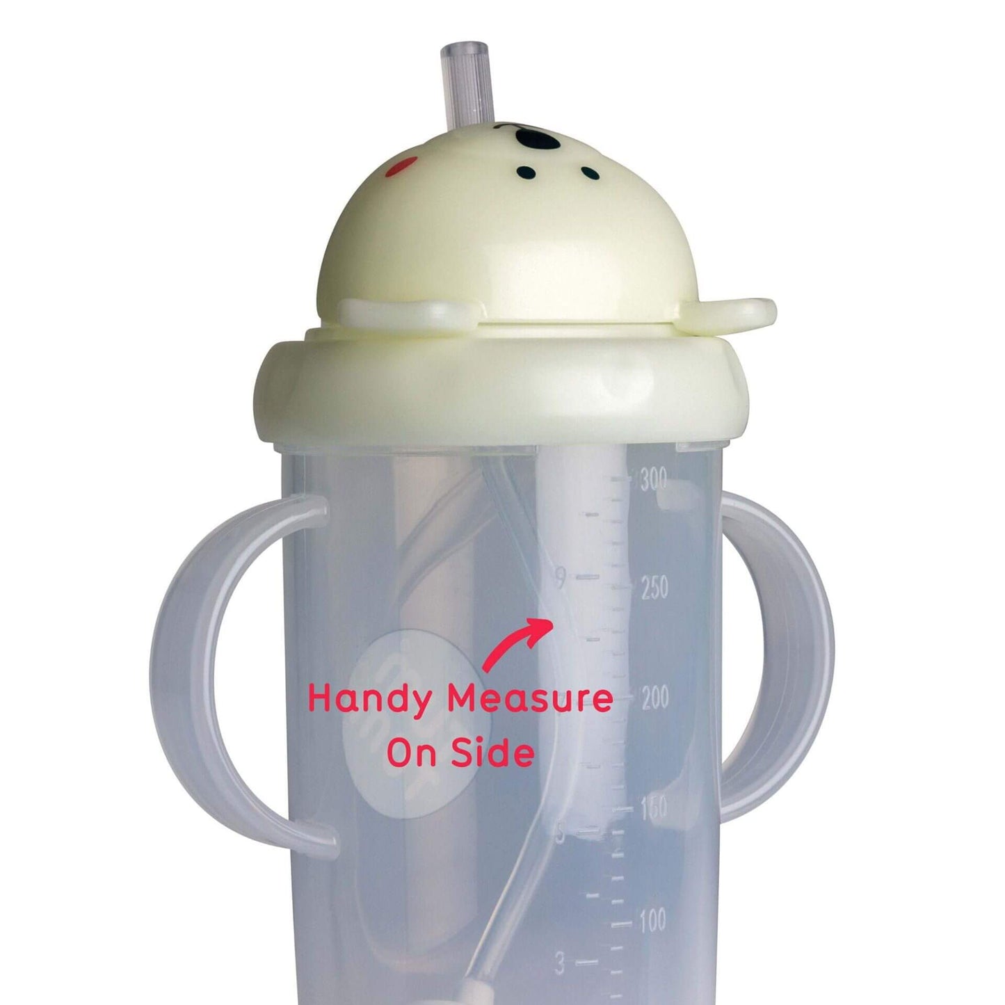 A clear sippy cup with dual handles, featuring a pink bear lid and a built-in straw. The cup has a flip-top lid and a measuring scale on the side to track fluid intake, ideal for toddlers.