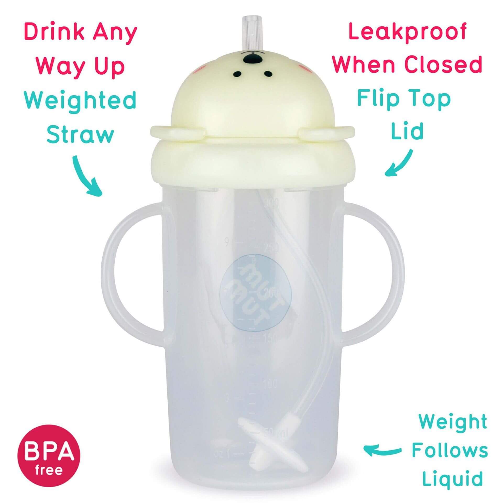 A toddler sippy cup with a polar bear-shaped lid, featuring a leakproof flip-top and weighted straw that allows for drinking from any angle. The BPA-free cup has easy-grip handles and a weighted base that follows the liquid.