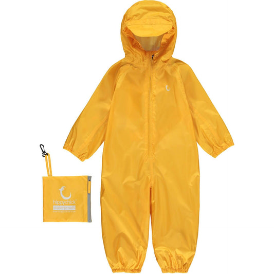 A yellow Hippychick Packasuit with a front zipper, hood, and elastic cuffs. Includes a compact storage bag. Waterproof and windproof.