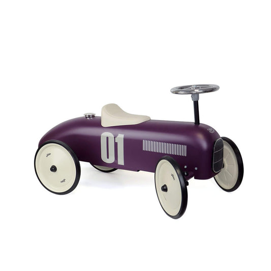 Vilac Classic Metal Car in purple with a cream seat, silver steering wheel, and number 01 detail, ideal for little racing enthusiasts.