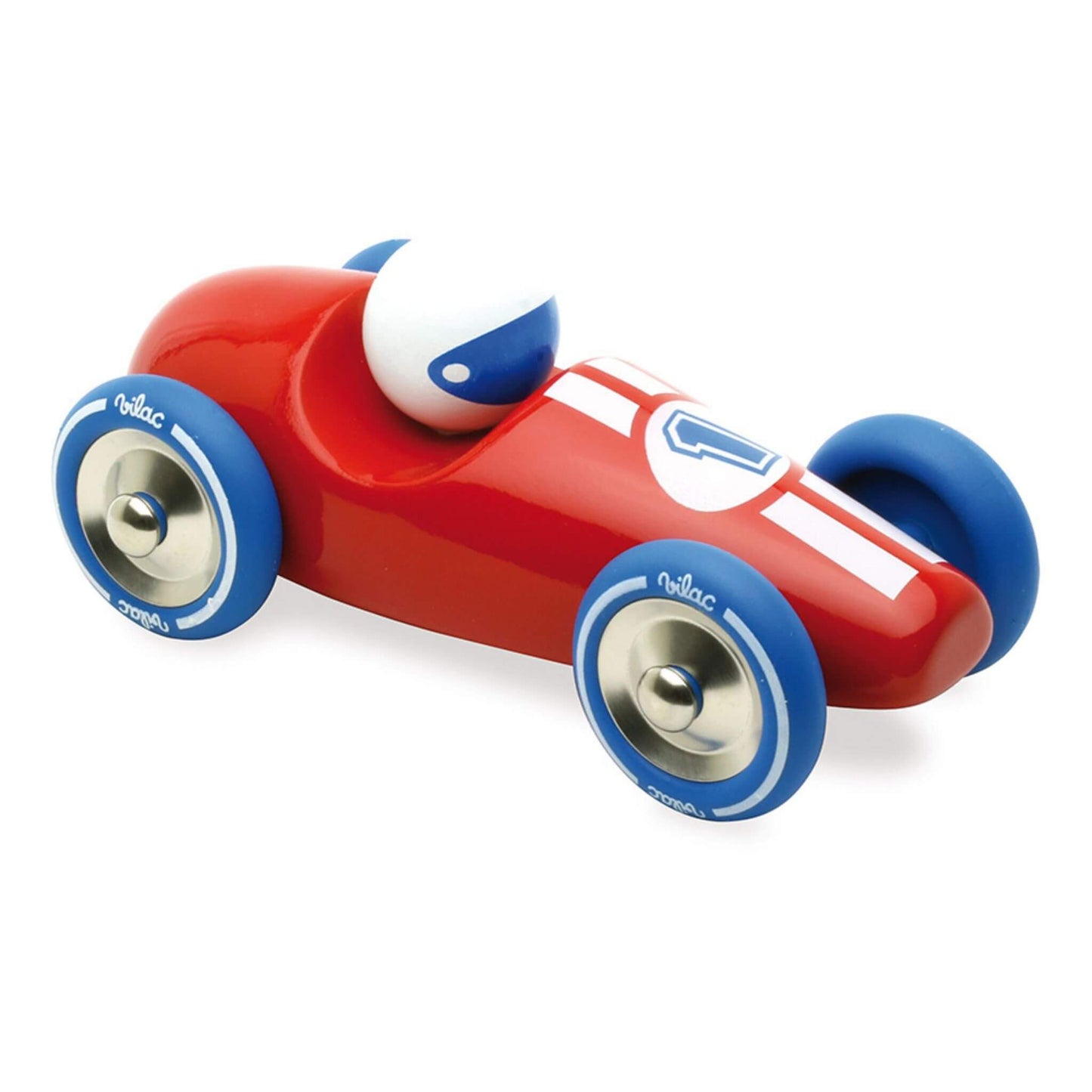 Bright red Vilac Large Race Car with a sleek vintage design, blue wheels, metal hubcaps, and a white-helmeted driver ready to race.