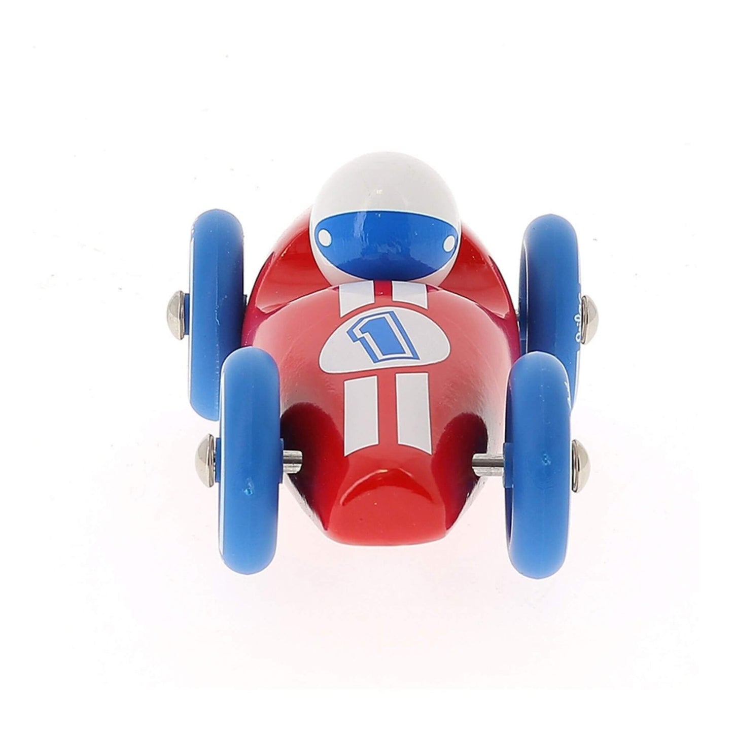 Front view of the Vilac Large Race Car in red, featuring blue wheels, a bold number 1 racing stripe, and a white-helmeted driver.