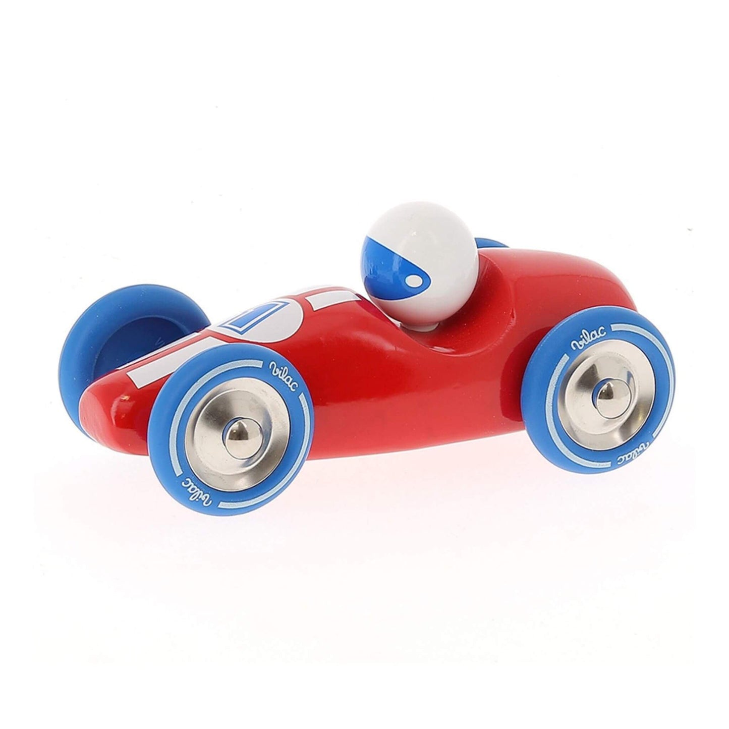 Side view of the Vilac Large Race Car in red, featuring a sleek vintage design, blue wheels with metal hubcaps, and a white-helmeted driver.