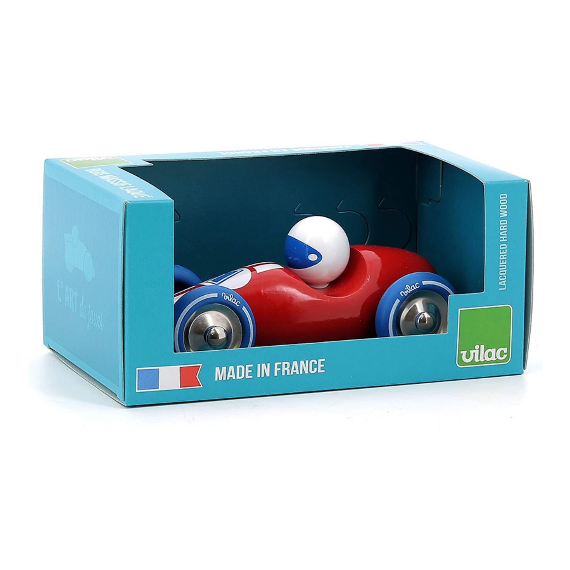 Vilac Large Race Car in red, displayed in its blue packaging with "Made in France" label, featuring a sleek vintage design and blue wheels.