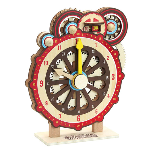 Vilac wooden learning clock with moving gears, bold numbers, and a digital display, designed to teach children how to tell the time through play.