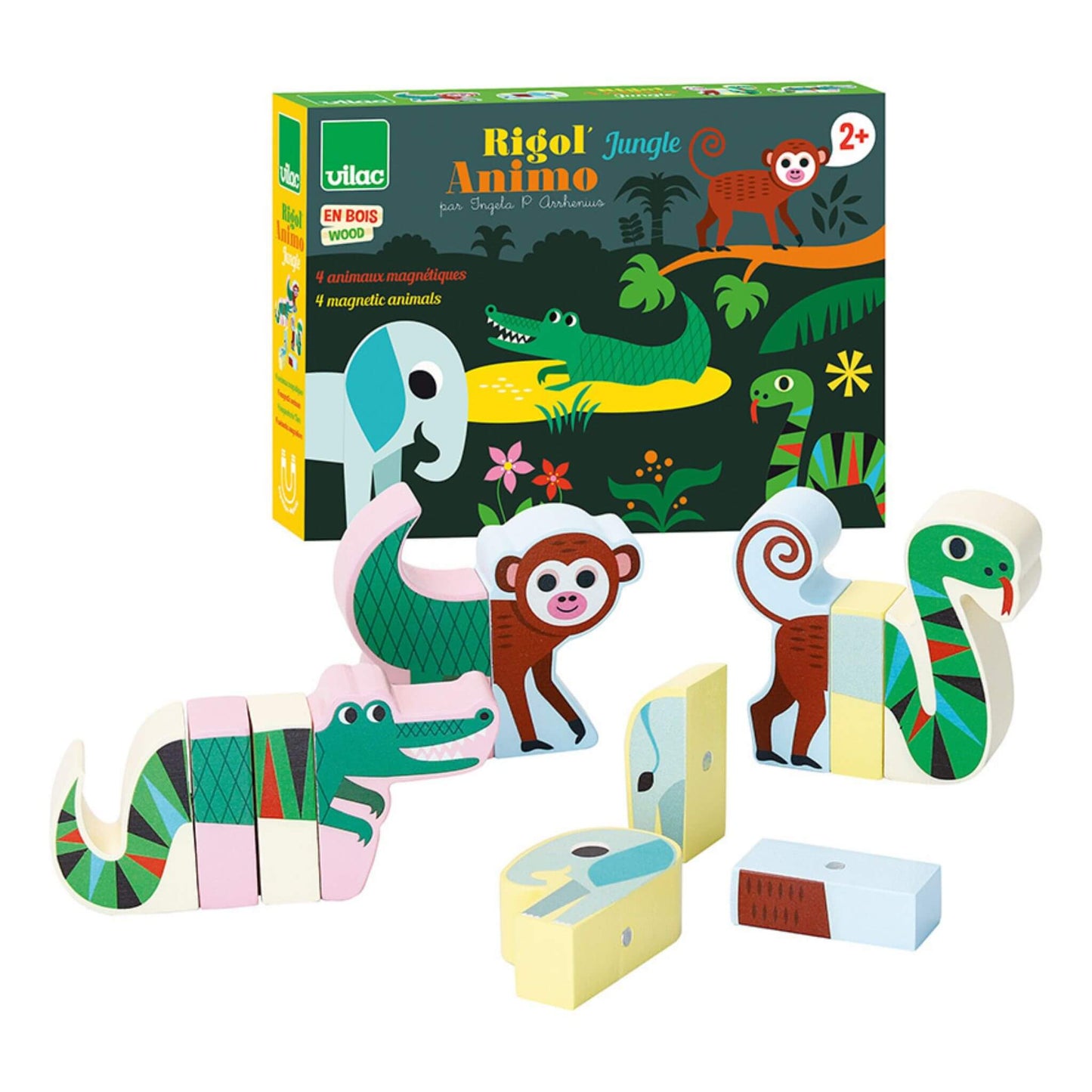 Vilac Jungle Animals packaging and magnetic wooden animal blocks featuring four jungle creatures for toddlers ages 2 and up.