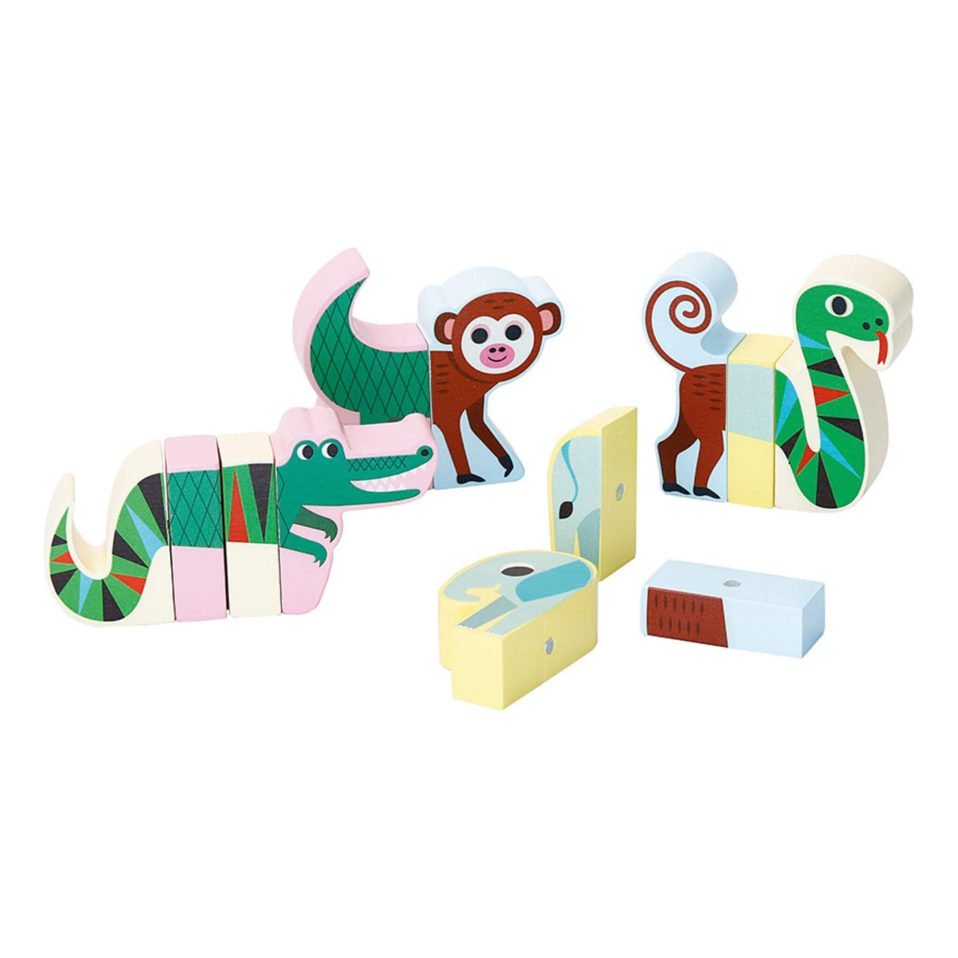 Disassembled Vilac Magnetic Jungle Animals Set showing how pieces connect to create monkey, crocodile, snake and elephant toys.