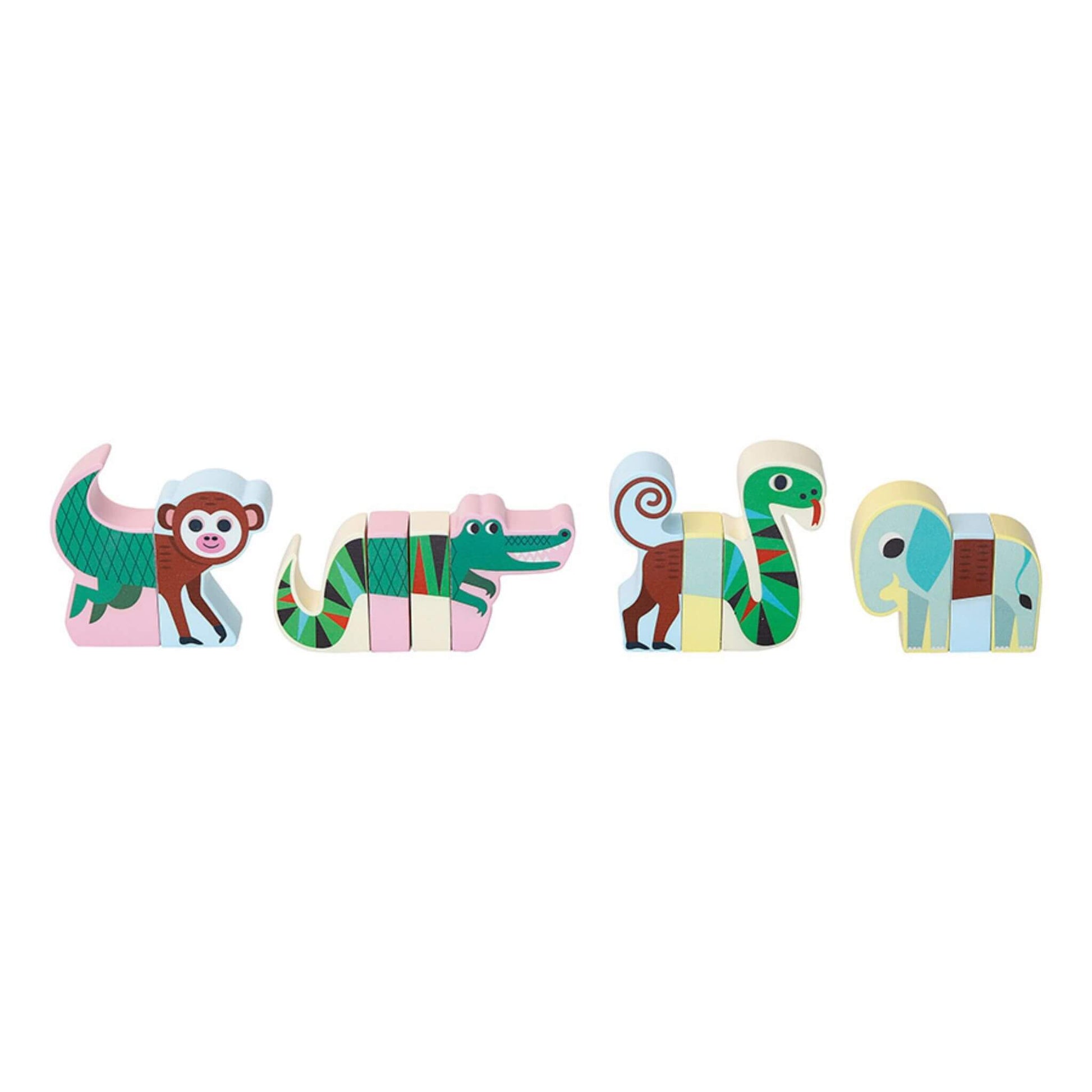 Assembled Vilac wooden jungle animal blocks showing complete monkey, crocodile, snake and elephant magnetic toys in bright colours.