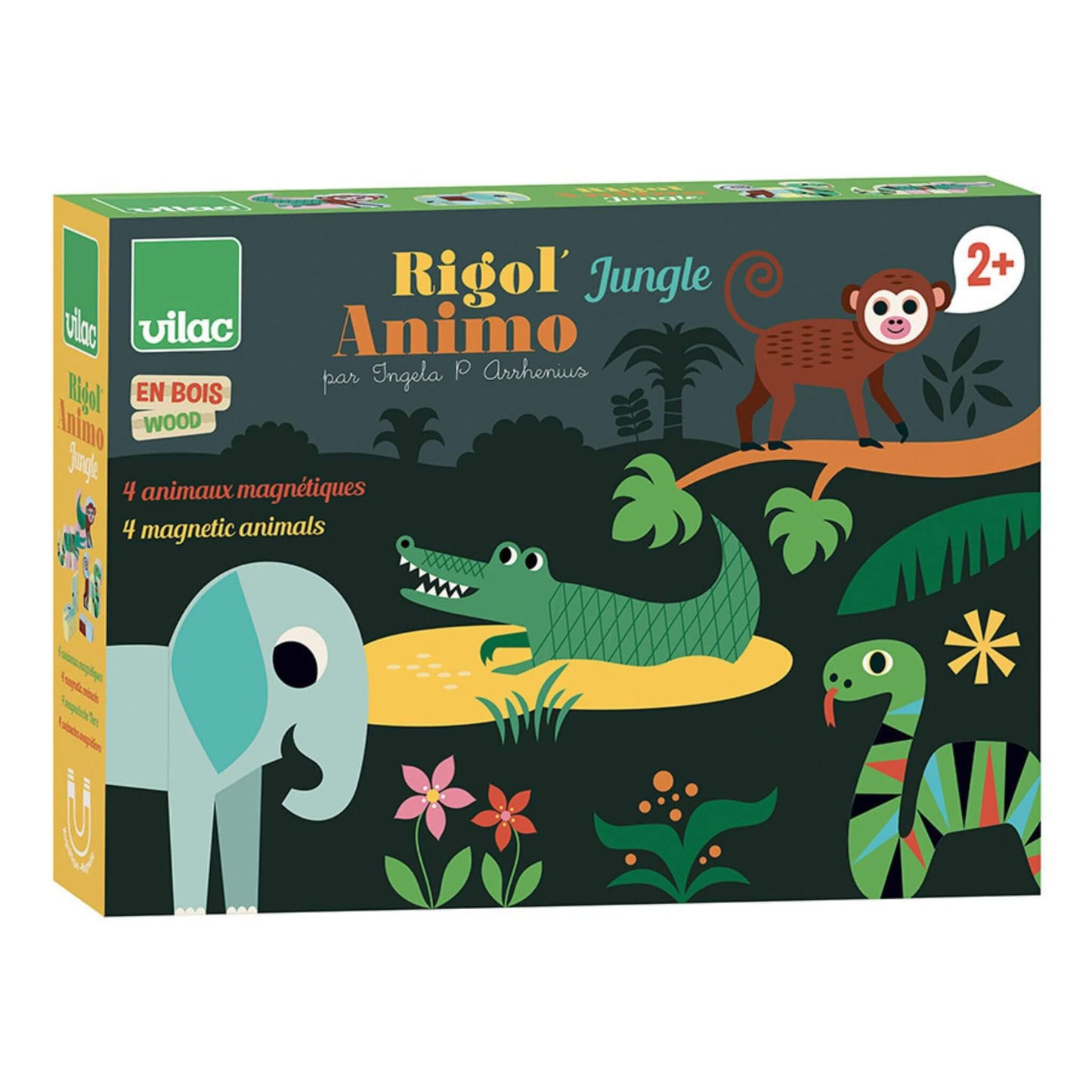 Vilac Magnetic Jungle Animals retail box showing colourful jungle-themed artwork with elephant, crocodile, snake and monkey illustrations.