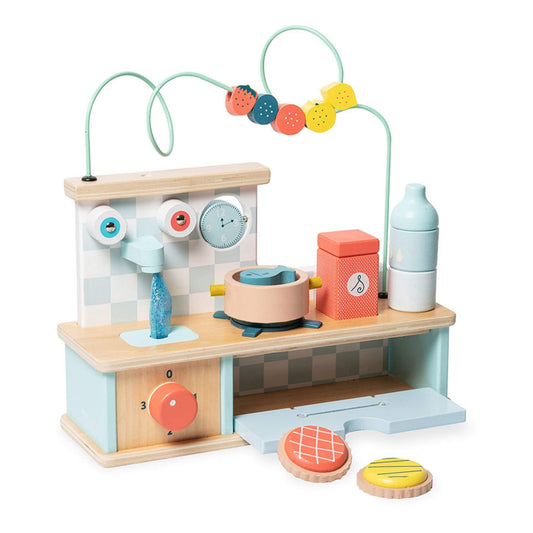 Vilac Multi Activity Kitchen wooden toy featuring pastel colours, bead maze, sink, cooktop, oven and play food for toddlers.