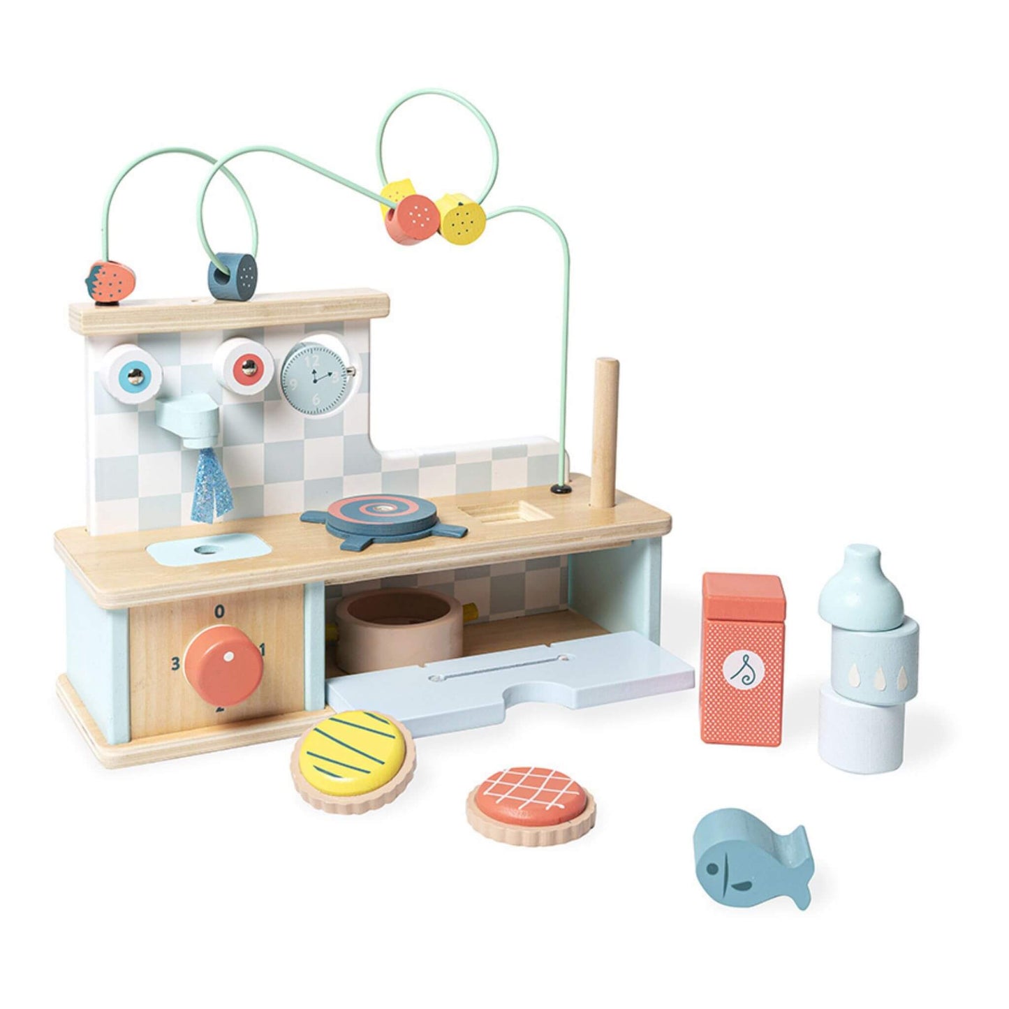 Vilac wooden play kitchen with fruit bead maze, interactive knobs, fish cookpot, salt shaker and wooden tarts for early learning.