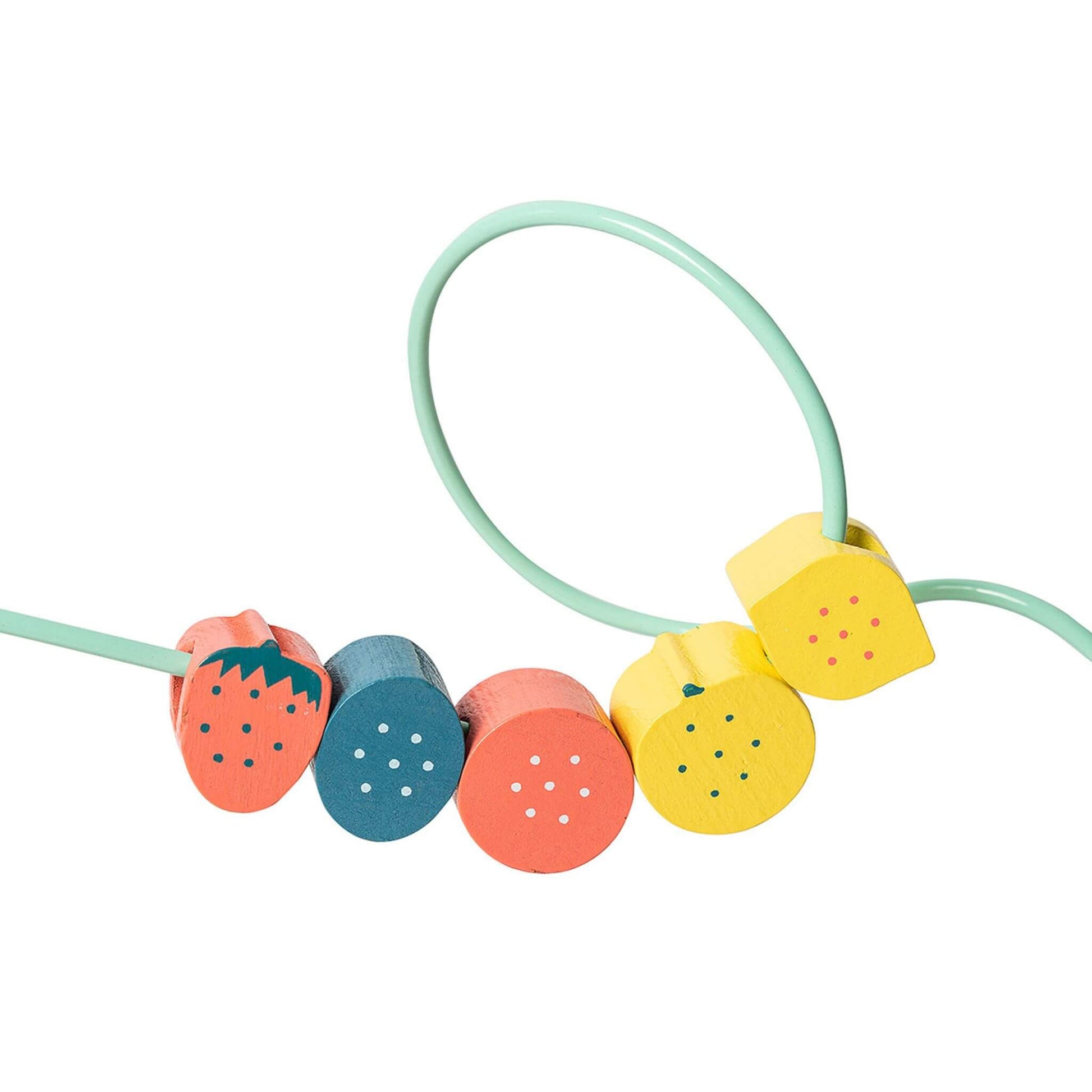 Colourful wooden fruit-shaped beads on the Vilac kitchen toy's activity maze, featuring strawberry, blueberry and lemon shapes.