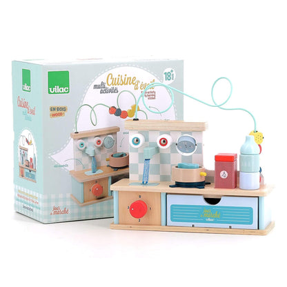 Vilac Multi Activity Kitchen in retail packaging showing wooden toy set for 18+ months with interactive learning features.