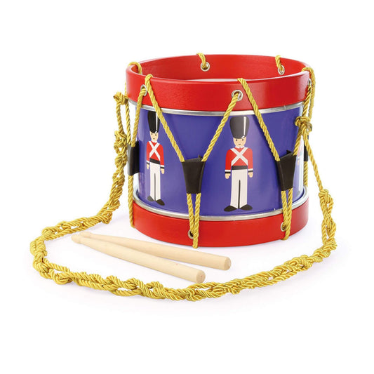 Vilac wooden toy drum with royal guard design, featuring red and blue body, gold rope chord and wooden drumsticks for toddlers.