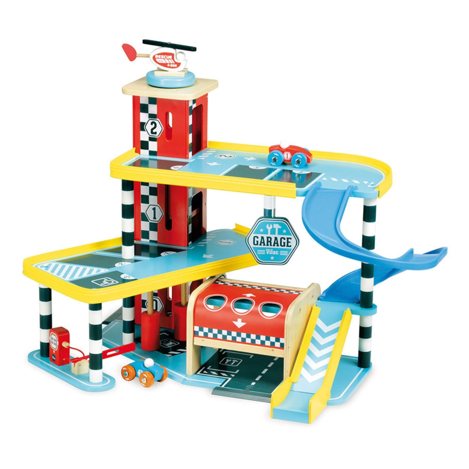 Vilac Vilacity Grand Garage wooden playset with bright red control tower, blue slides, petrol pump and wooden vehicles for children aged 3+.