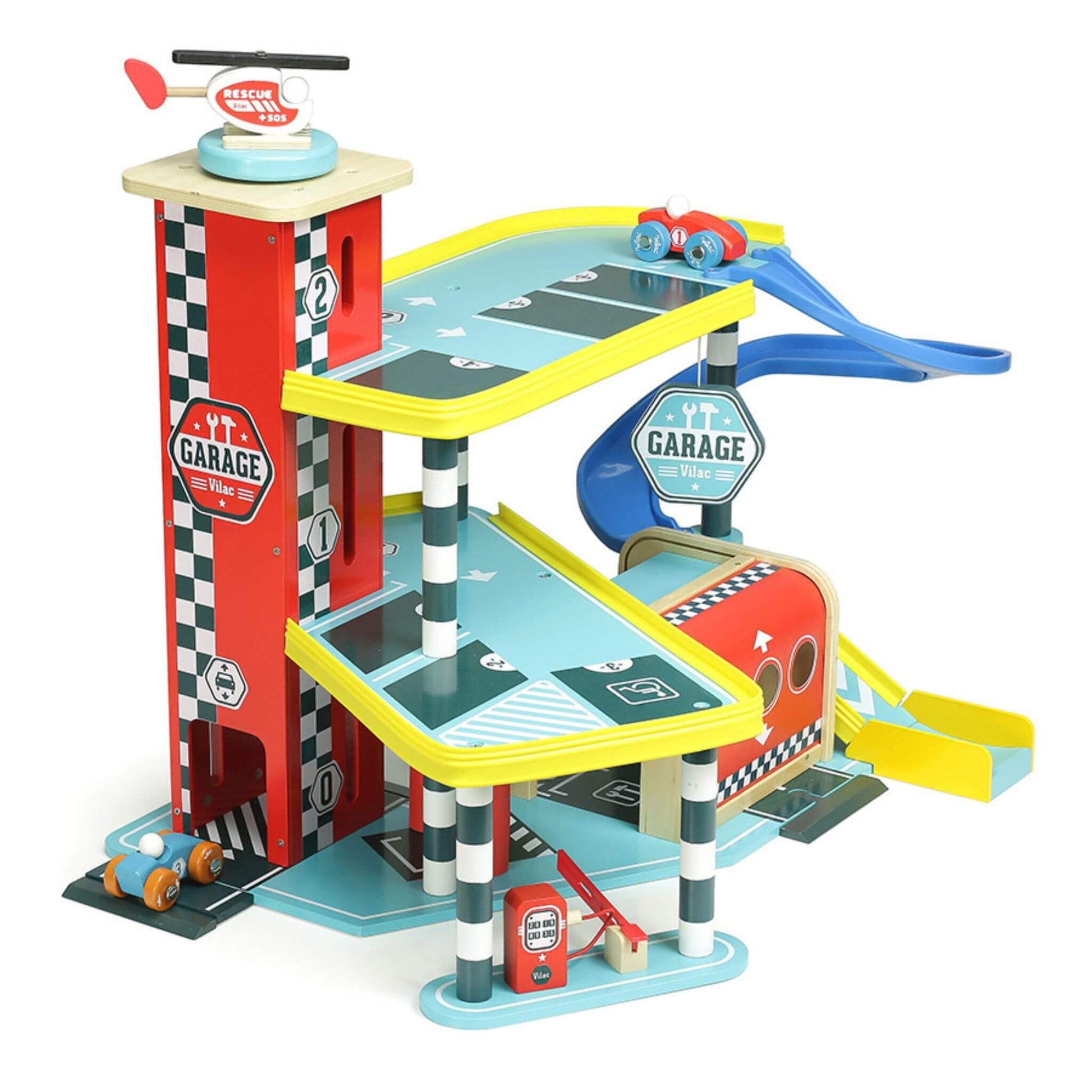 Vilac Vilacity Grand Garage wooden toy featuring multi-level car track, helicopter landing pad, racing cars and blue slides for imaginative vehicle play.