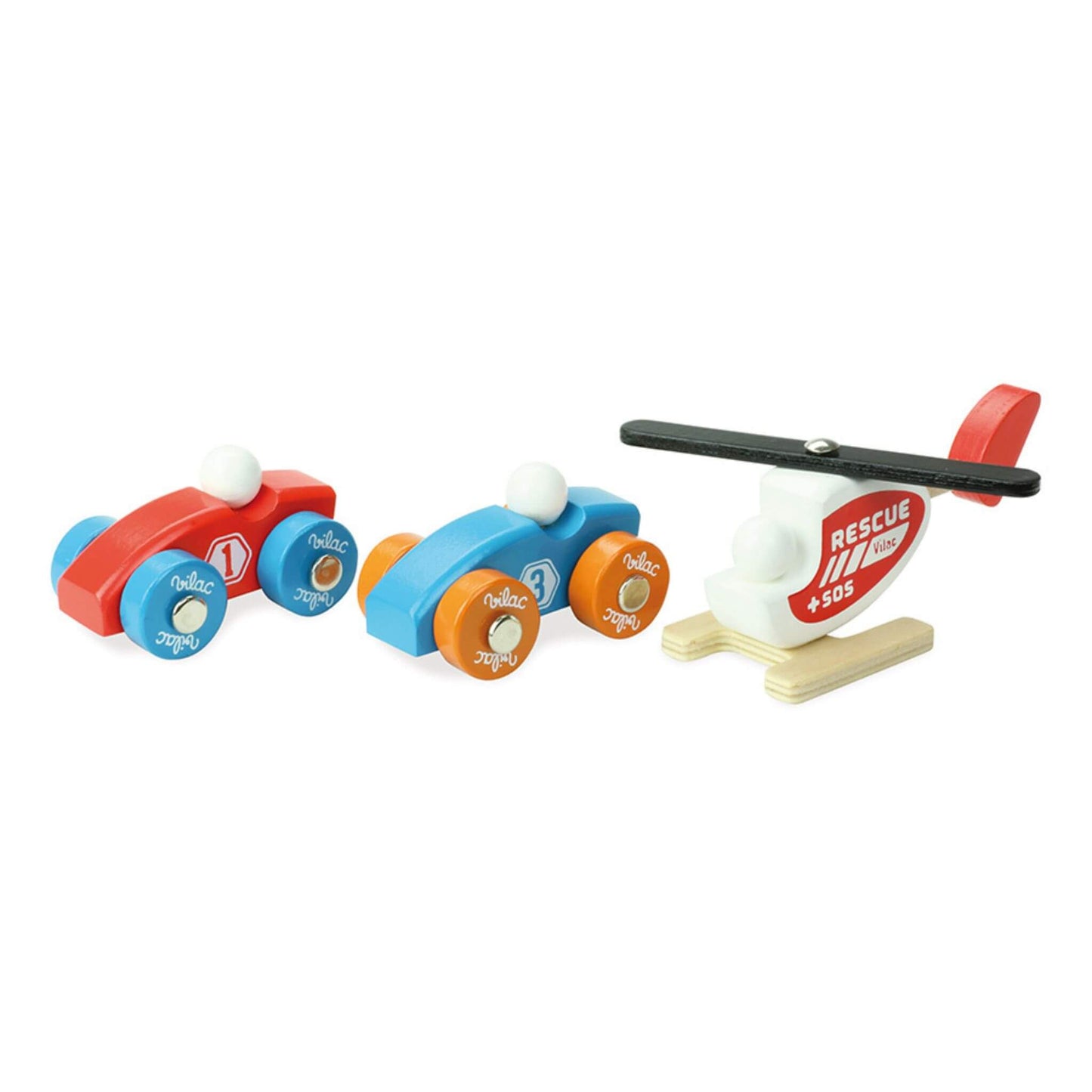 Vilac wooden toy vehicles including red and blue race cars and rescue helicopter designed to complement the Vilacity Grand Garage playset.