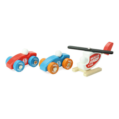 Vilac wooden toy vehicles including red and blue race cars and rescue helicopter designed to complement the Vilacity Grand Garage playset.