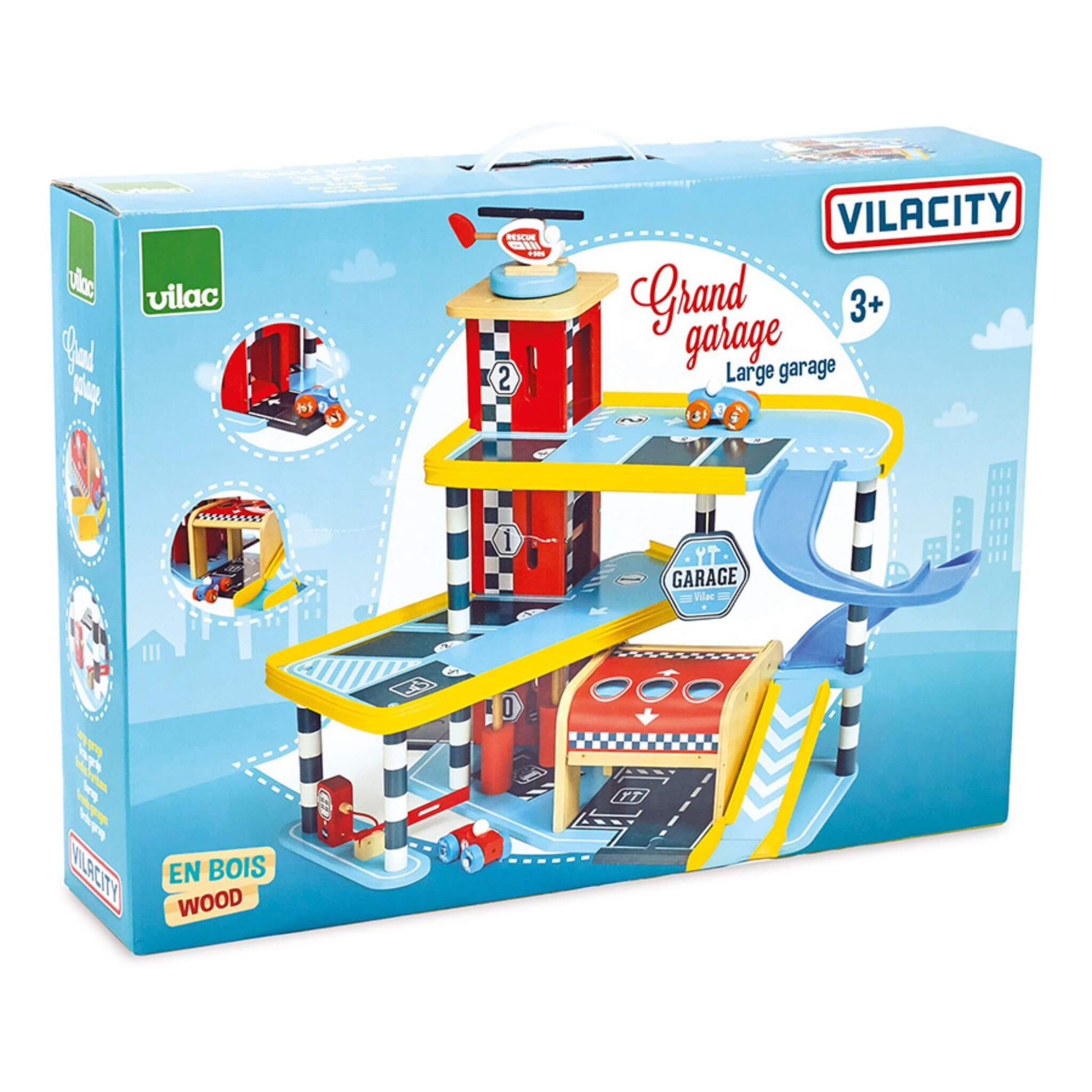 Vilac Vilacity Grand Garage toy box featuring bright turquoise packaging with product images and age recommendation for this wooden vehicle playset.