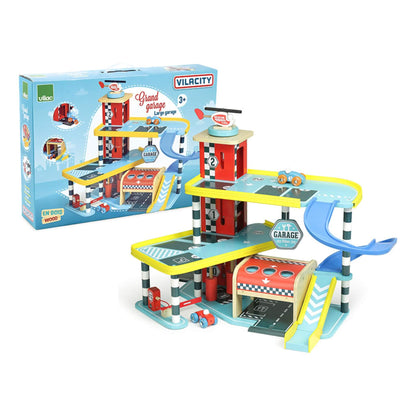 Vilac Vilacity Grand Garage box packaging showing the colourful wooden toy set with racing cars, helicopter and multi-level design for ages 3+.