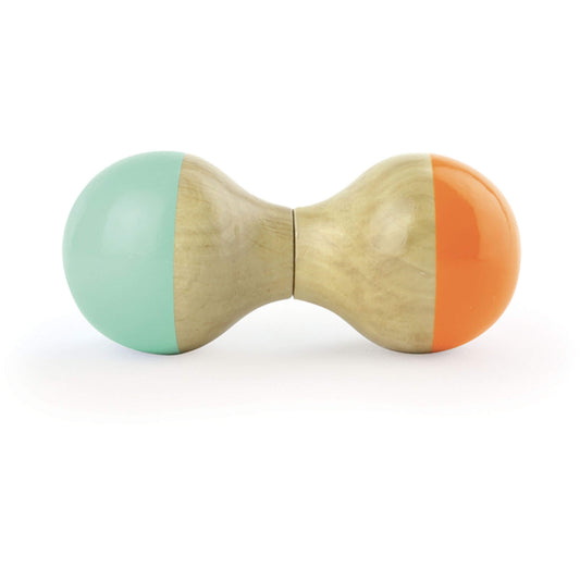 Vilac mint and orange wooden maraca with a smooth, curved shape, natural wood centre, and glossy pastel mint and orange ends.