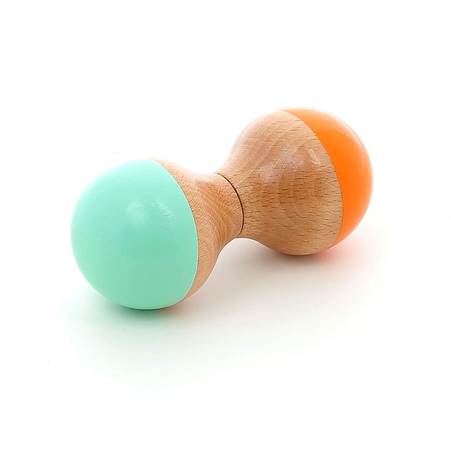 Vilac mint and orange wooden maraca with a smooth natural wood centre and glossy pastel mint and orange ends, designed for little hands.