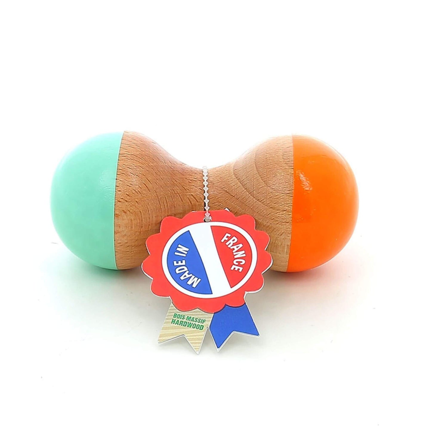 Vilac mint and orange wooden maraca with a "Made in France" tag, featuring a smooth natural wood centre and glossy painted ends.