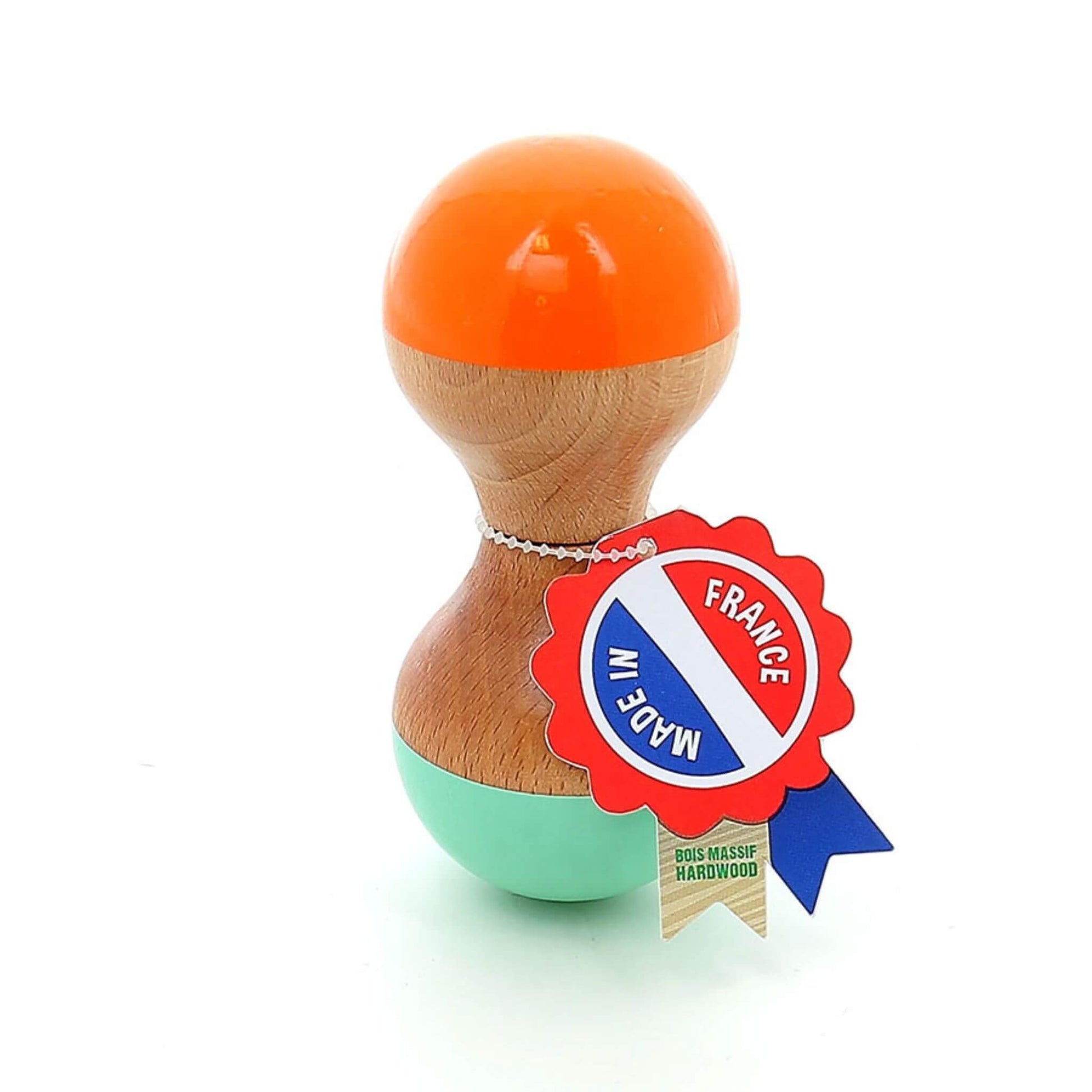 Vilac mint and orange wooden maraca standing upright with a "Made in France" tag, featuring a smooth natural wood centre and glossy painted ends.