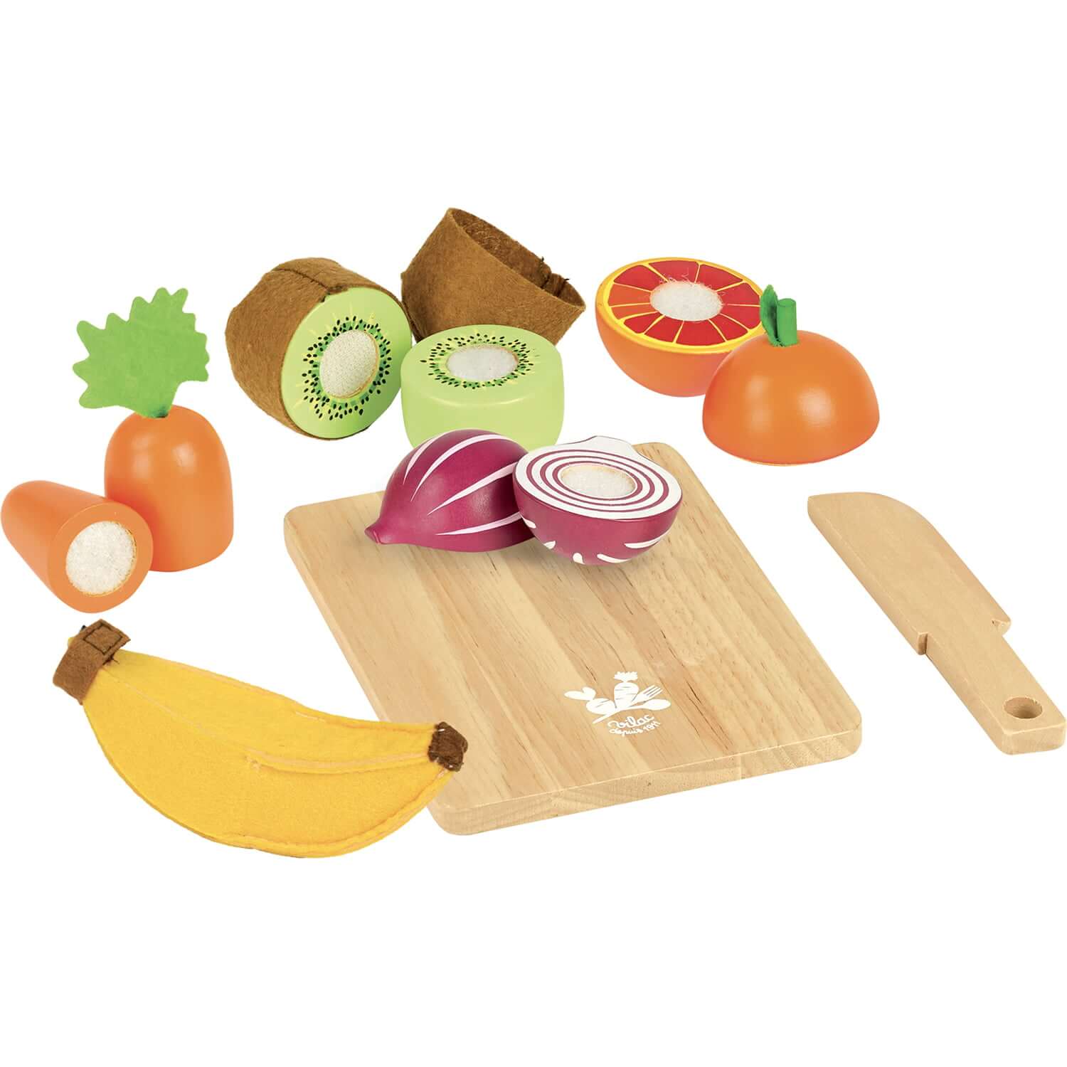 Vintage and stylish Vilac cutting fruits and vegetables set. This set comes 7 accessories including a chopping board, knife, onion, banana and much more!