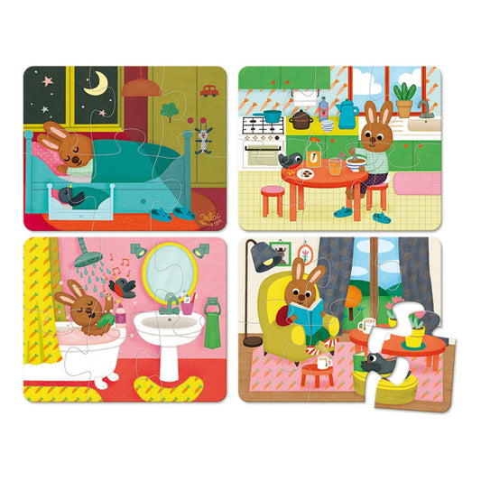 Vilac 4 House Wooden Puzzle featuring cosy scenes with a rabbit and blackbird, promoting fine motor skills and imaginative play.