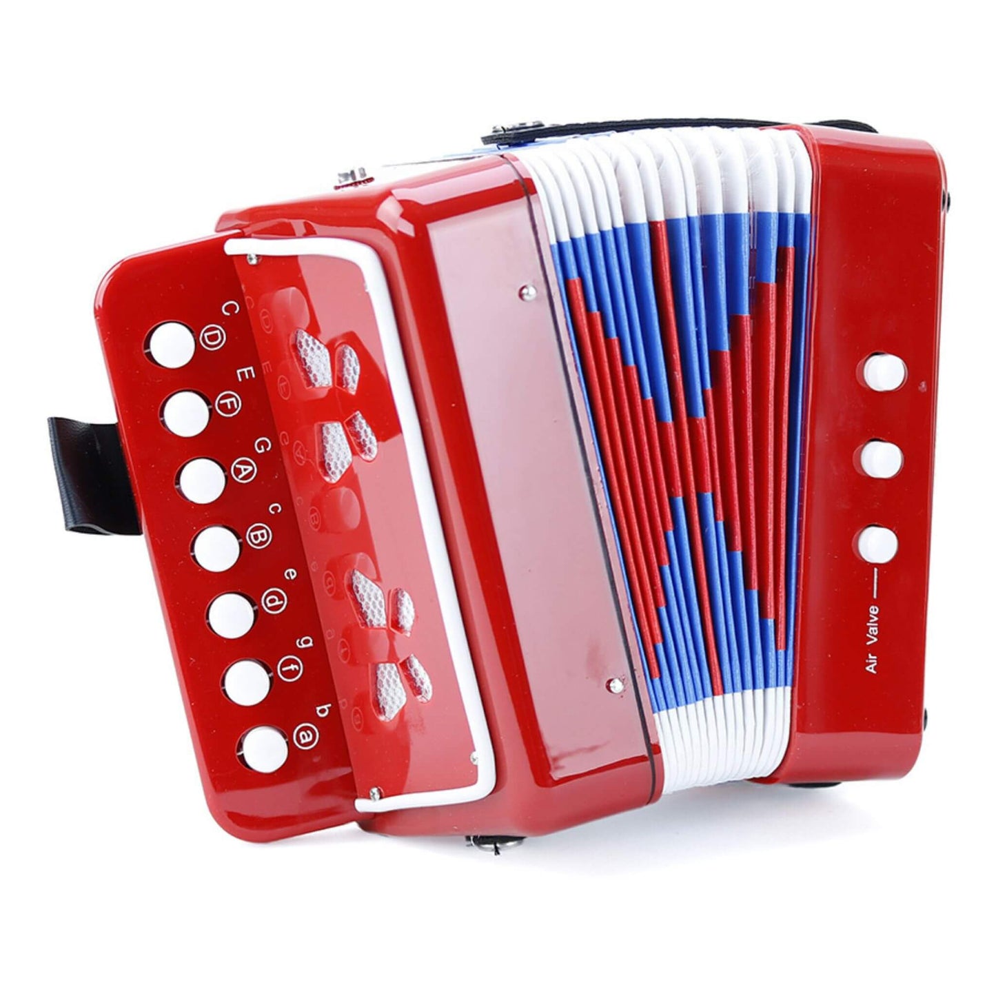 Red, white, and blue Vilac accordion for kids, featuring 14 tones and 10 keys, perfect for developing fine motor skills and musical fun.