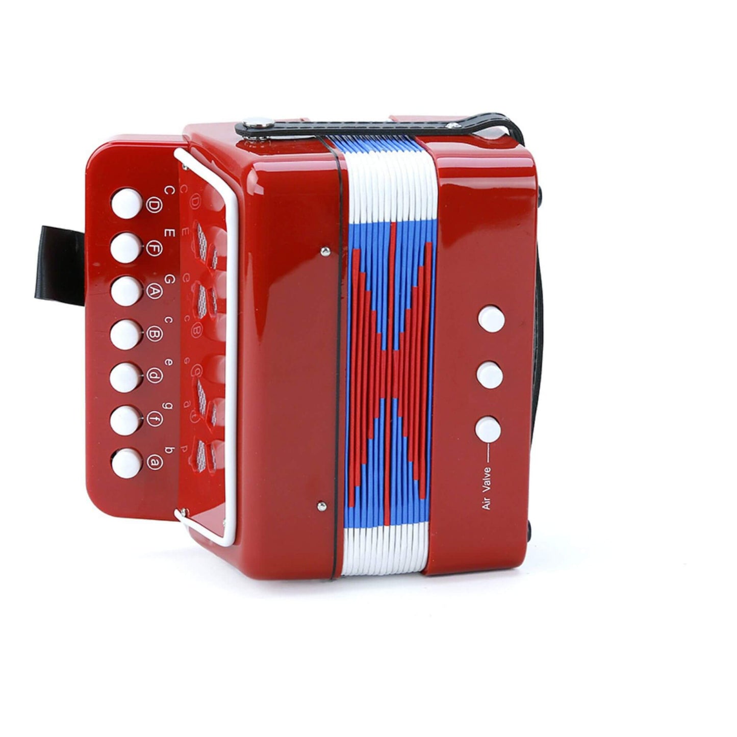 Kids' red, white, and blue Vilac accordion with 14 tones and 10 keys, designed for musical exploration and fine motor skill development.