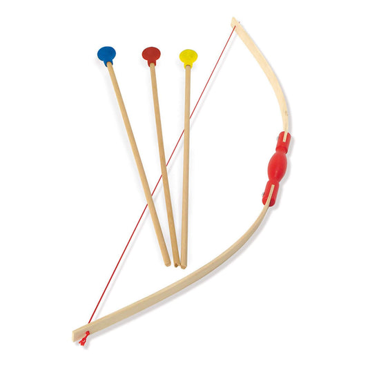 Wooden Vilac bow and arrow set with three colourful arrows and red string, ideal for kids to develop focus and dexterity through play.