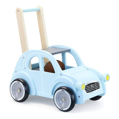 Vilac Citroën 2CV wooden walker in light blue, featuring smooth quiet wheels, anti-tip design, and compartments for toys, perfect for toddlers.