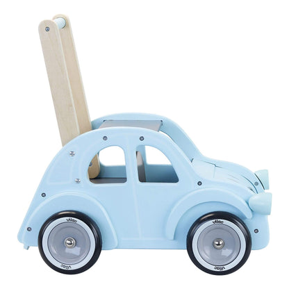 Side view of the Vilac Citroën 2CV wooden walker in light blue, featuring smooth quiet wheels, anti-tip design, and a sturdy handle for toddlers.