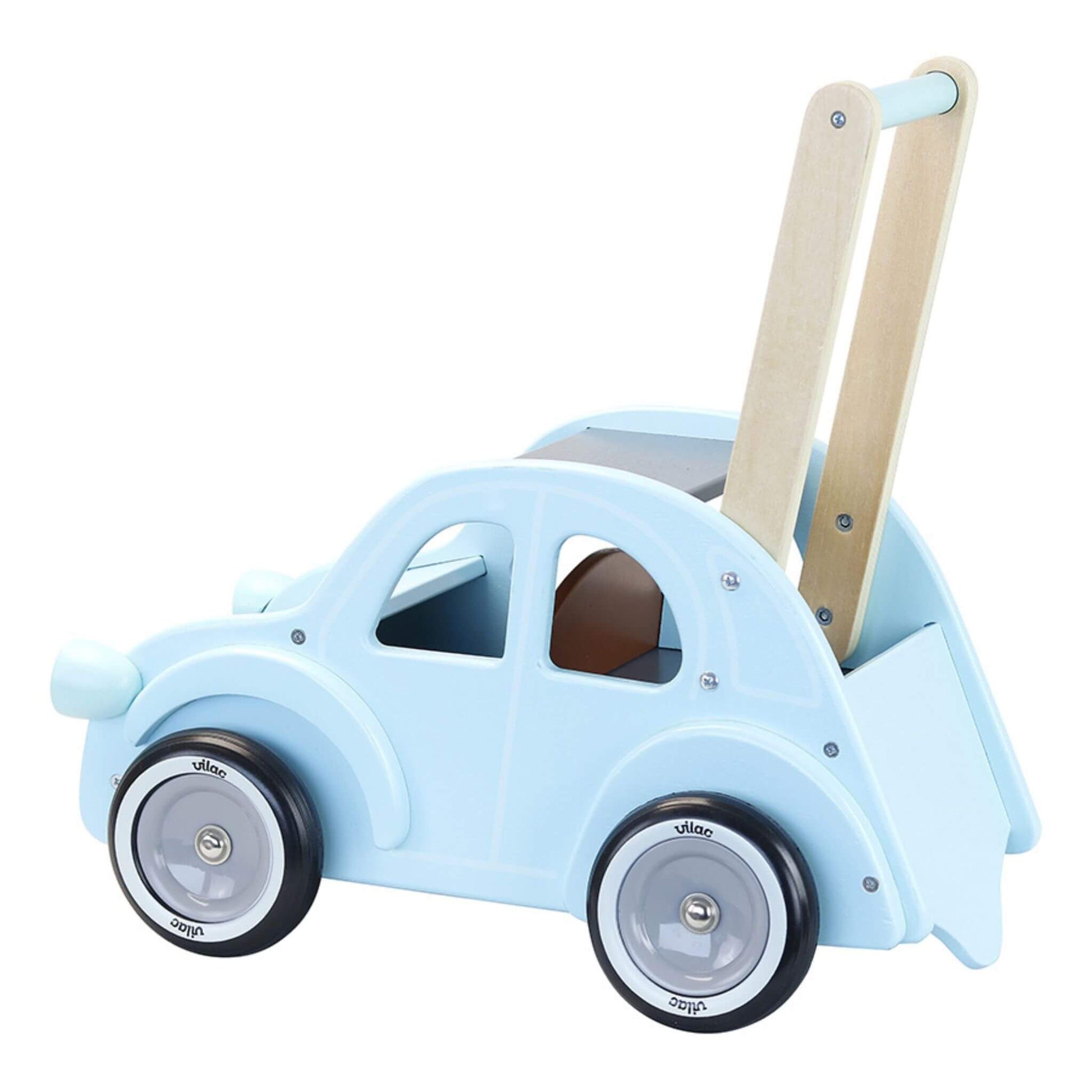 Rear side view of the Vilac Citroën 2CV wooden walker in light blue, featuring smooth quiet wheels, a sturdy handle, and anti-tip design for toddlers.