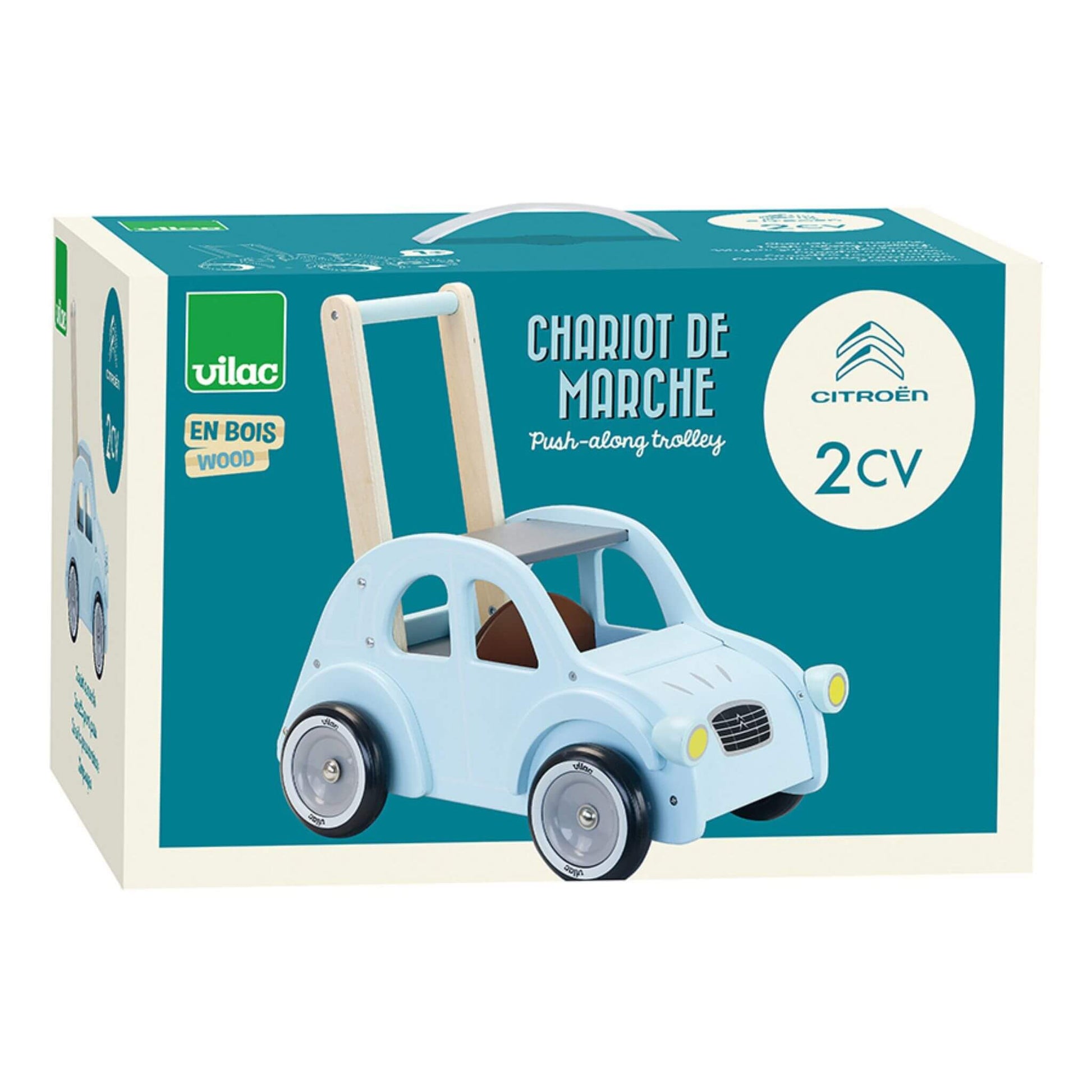 Packaging of the Vilac Citroën 2CV wooden walker, featuring a light blue design, smooth quiet wheels, and anti-tip safety for toddlers.