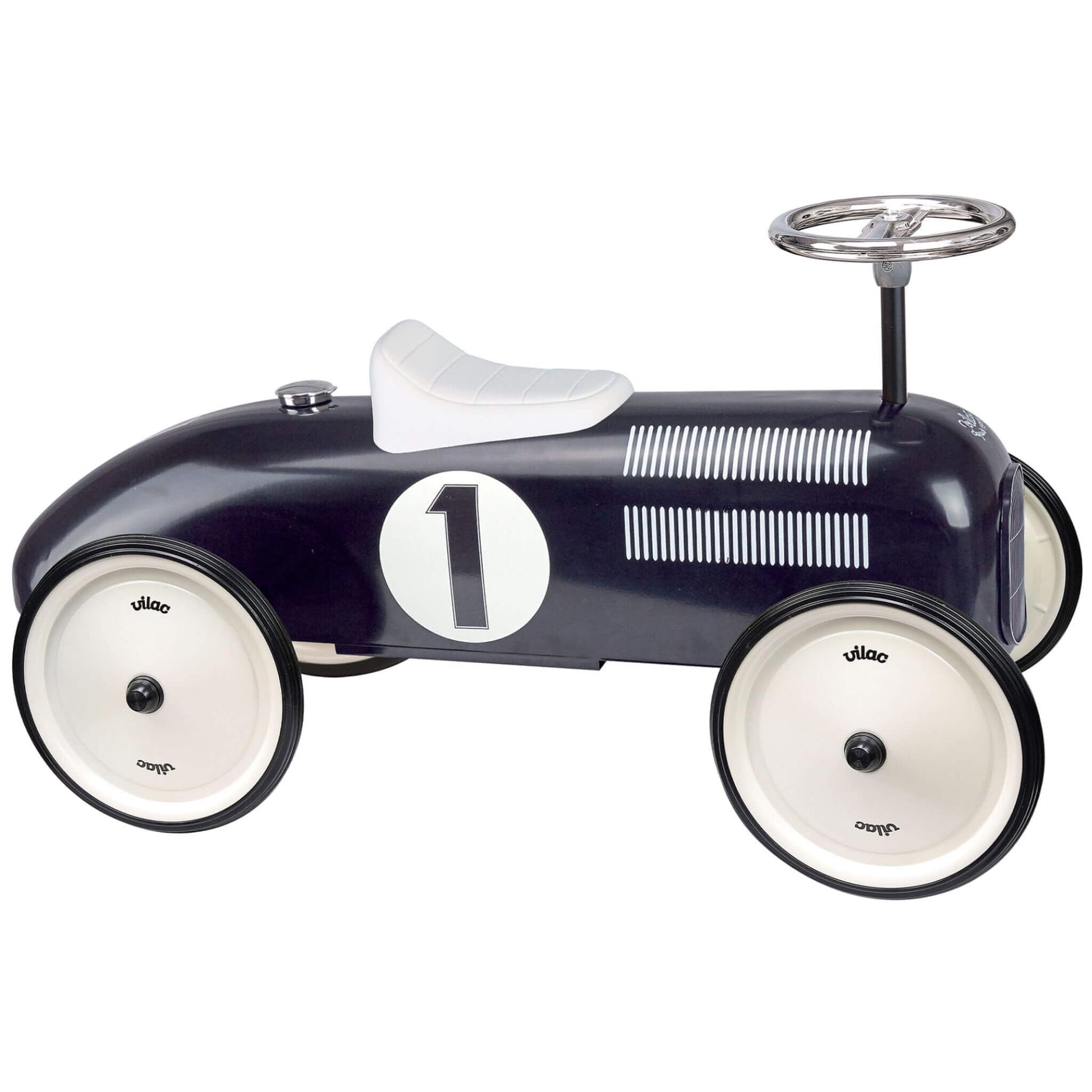 Vilac Classic Metal Car in black with white seat, retro design, durable metal body, rubber wheels, and number 1 detail for little racers