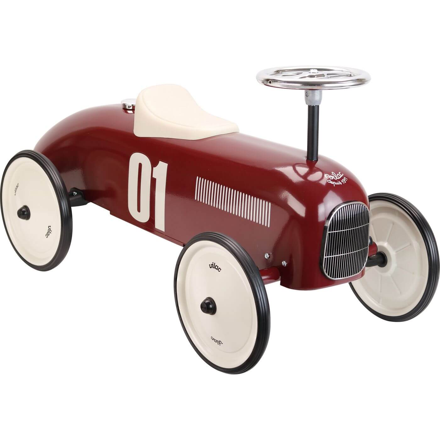 Retro inspired Vilac classic racing ride-on car. Features a durable metal construction, a comfortable seat and a stylish metal steering wheel. 