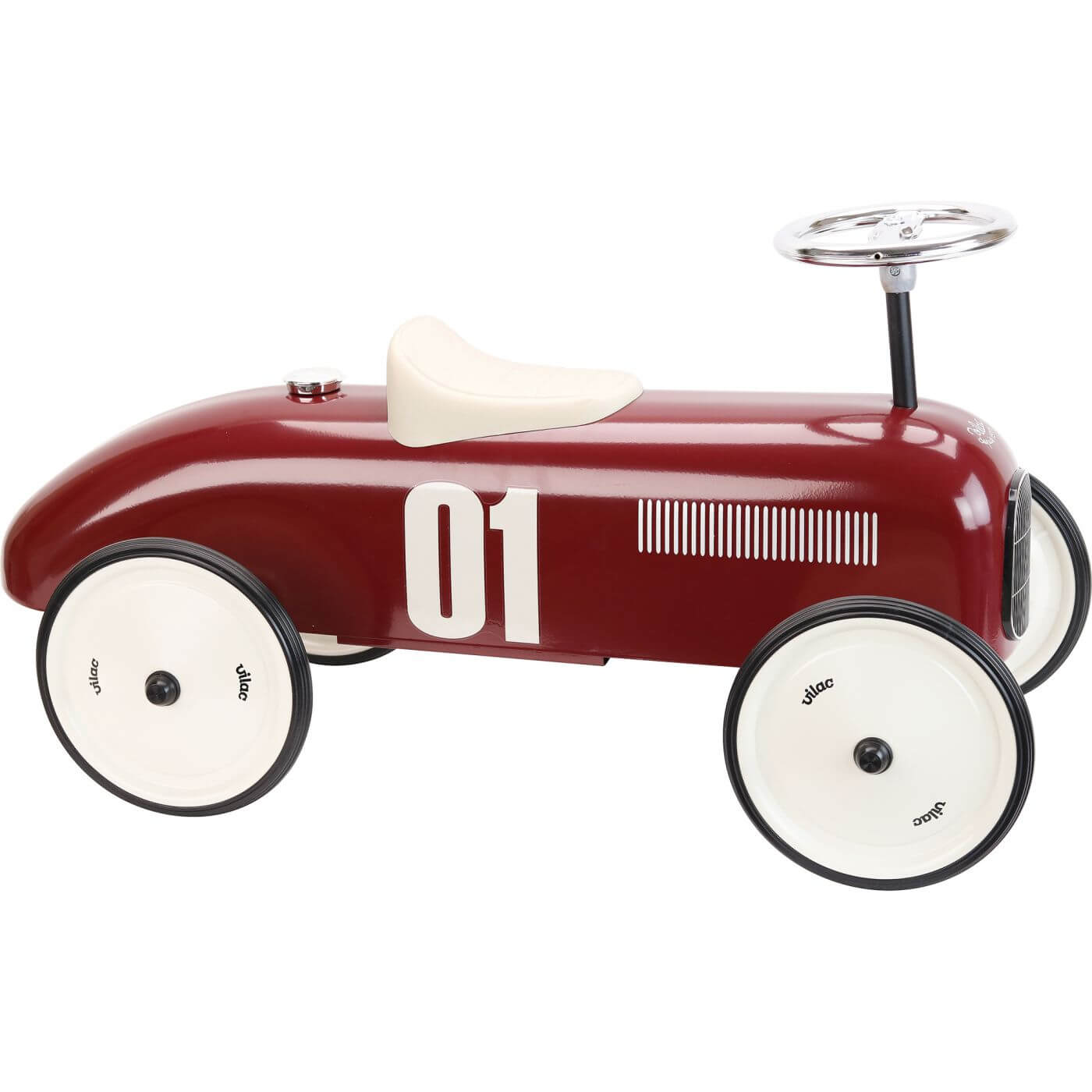 Vilac Classic Metal Car in black with white seat, retro design, durable metal body, rubber wheels, and number 1 detail for little racers.